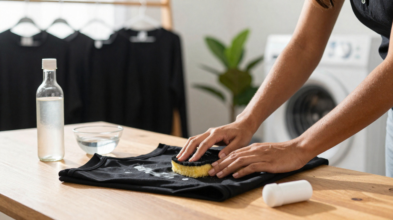 Pessoa a limpar nódoa branca em t-shirt preta com esponja amarela numa mesa de madeira.