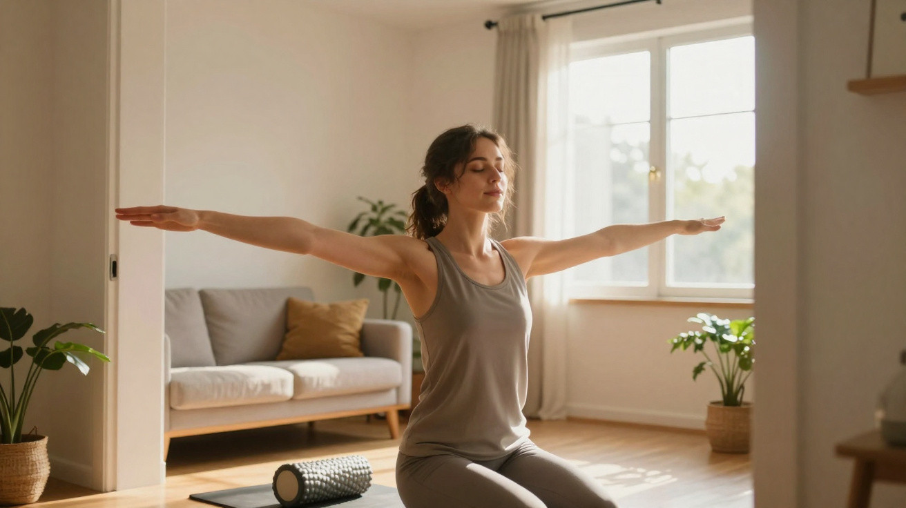 Mulher a praticar yoga em casa com braços estendidos, olhos fechados, num ambiente iluminado e acolhedor.