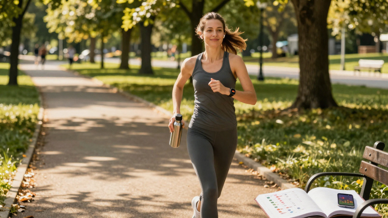 Mulher a correr num parque com roupa desportiva cinza, segurando uma garrafa e sorrindo.