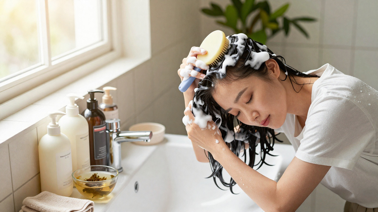 Mulher a lavar o cabelo com espuma, usando escova, ao lado de janela com produtos no lavatório de casa de banho.