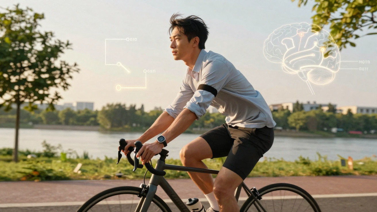 Homem a andar de bicicleta num parque com ilustrações digitais de cérebro e conexões neurais.
