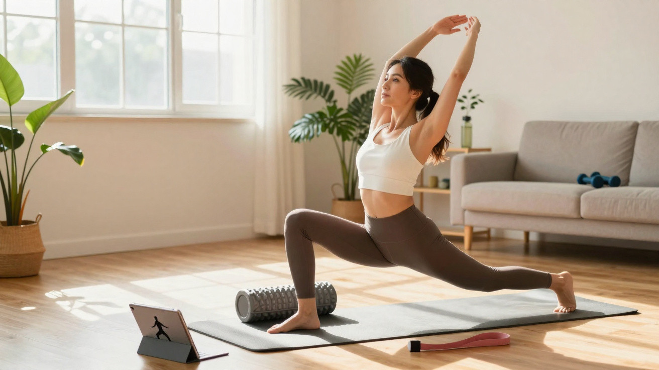 Mulher a praticar yoga em sala iluminada, com tapete e acessórios de fitness no chão.