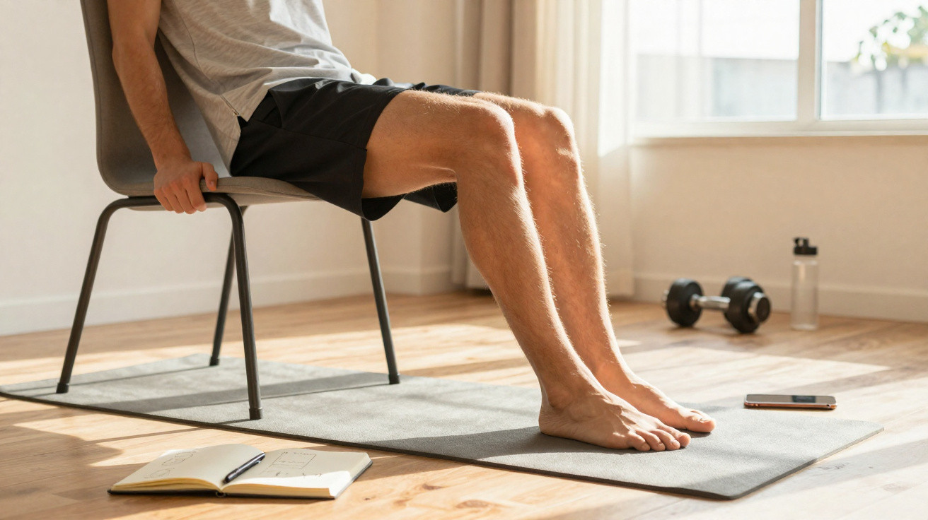 Pessoa a fazer exercício de tríceps numa cadeira, em casa, com caderno, garrafa e haltere no chão.