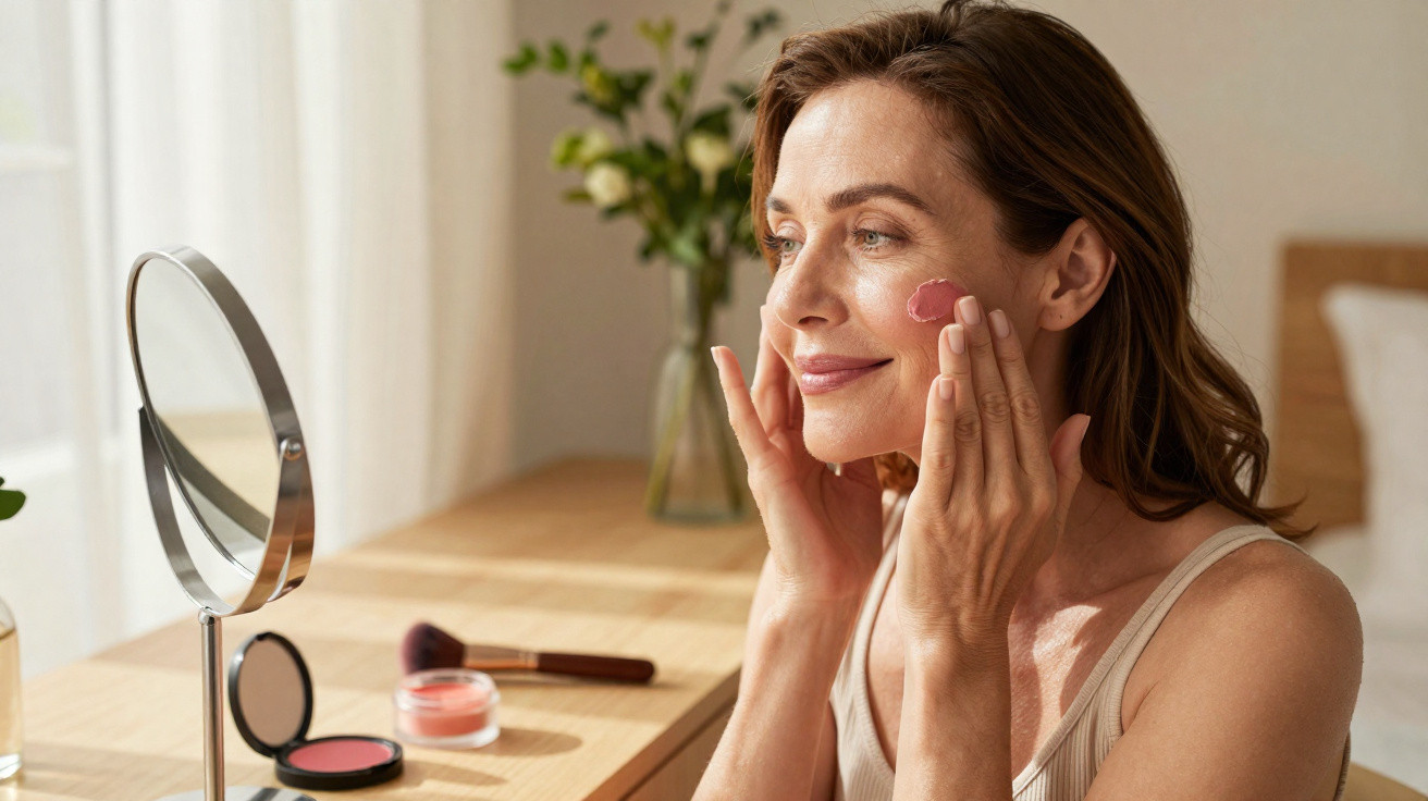 Mulher aplica creme rosa no rosto, sentada à mesa com espelho e produtos de beleza, num quarto iluminado.