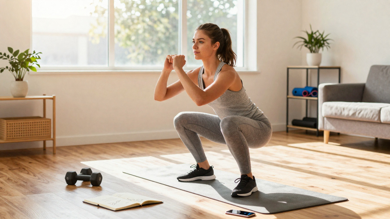 Mulher a fazer agachamento em tapete de exercício numa sala iluminada, com pesos e livro no chão.