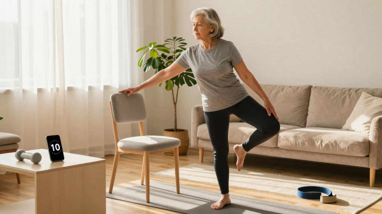 Mulher sénior a fazer exercício de equilíbrio em casa, apoiada numa cadeira, num ambiente luminoso e confortável.