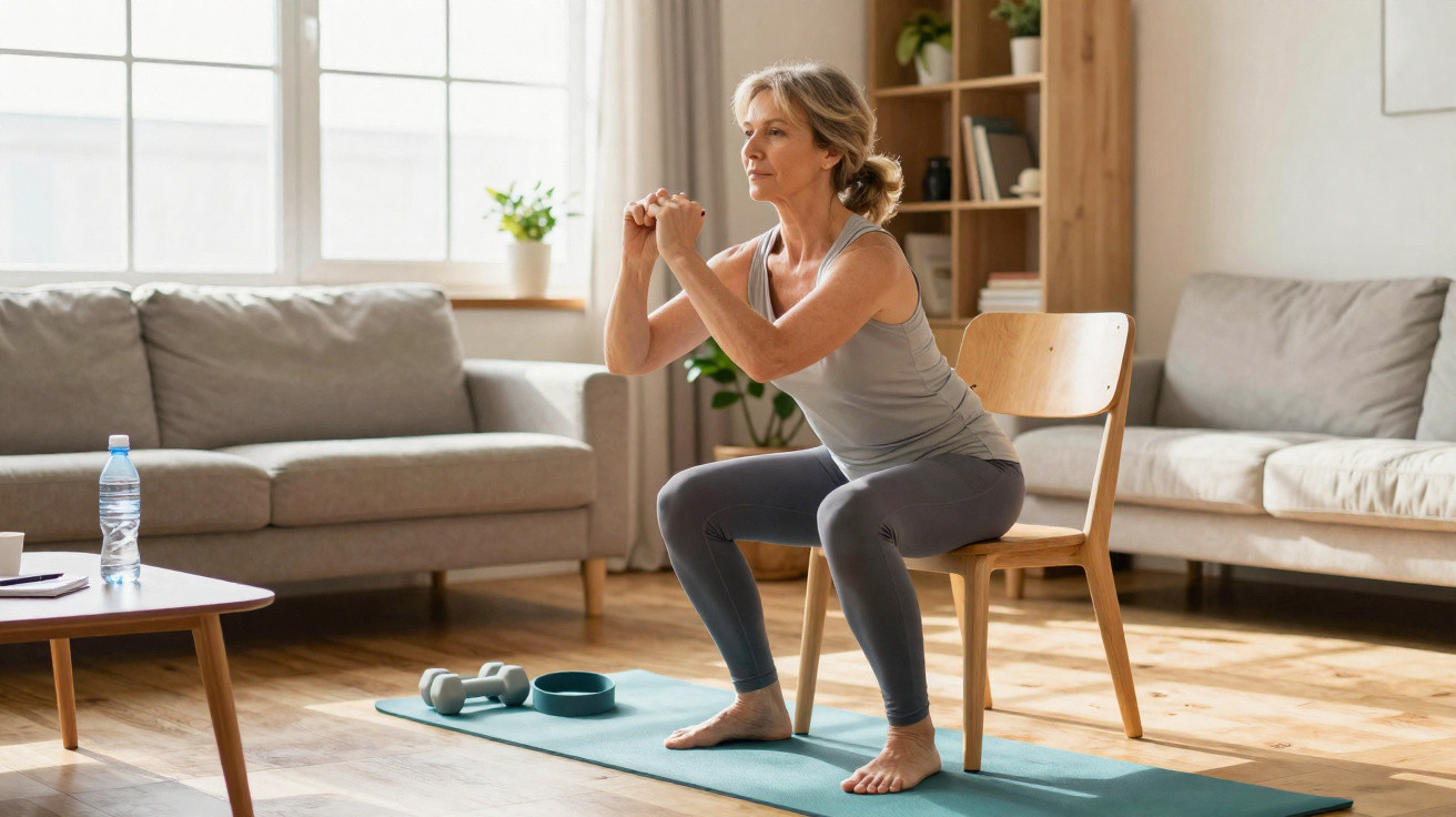 Mulher a fazer exercício físico de agachamento com cadeira numa sala iluminada com tapete de yoga.