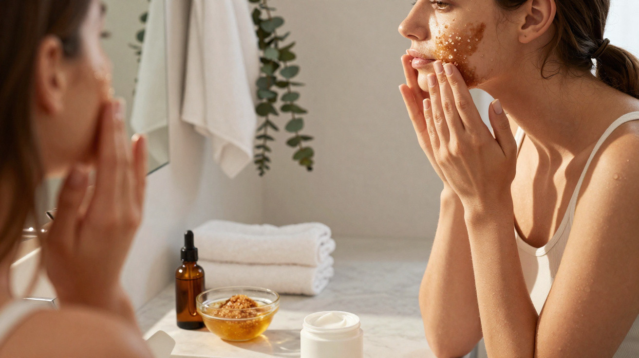 Mulher a aplicar esfoliante facial natural enquanto se olha ao espelho numa casa de banho iluminada.