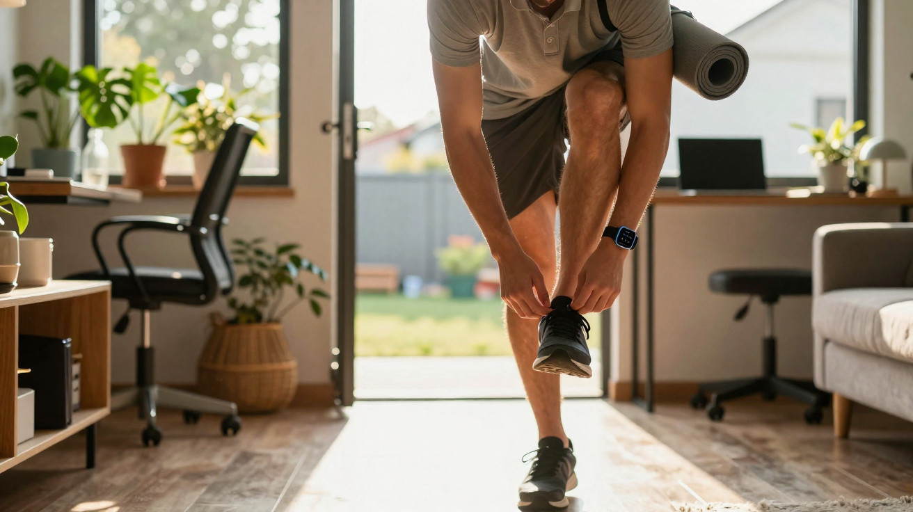 Homem a calçar ténis para fazer exercício em casa com tapete de yoga aos ombros.
