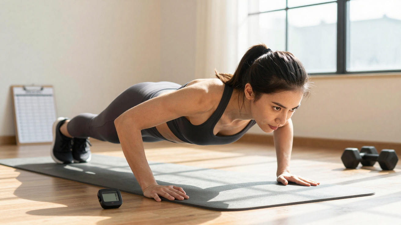 Mulher a fazer flexões num tapete de exercício numa sala iluminada com halteres ao lado.