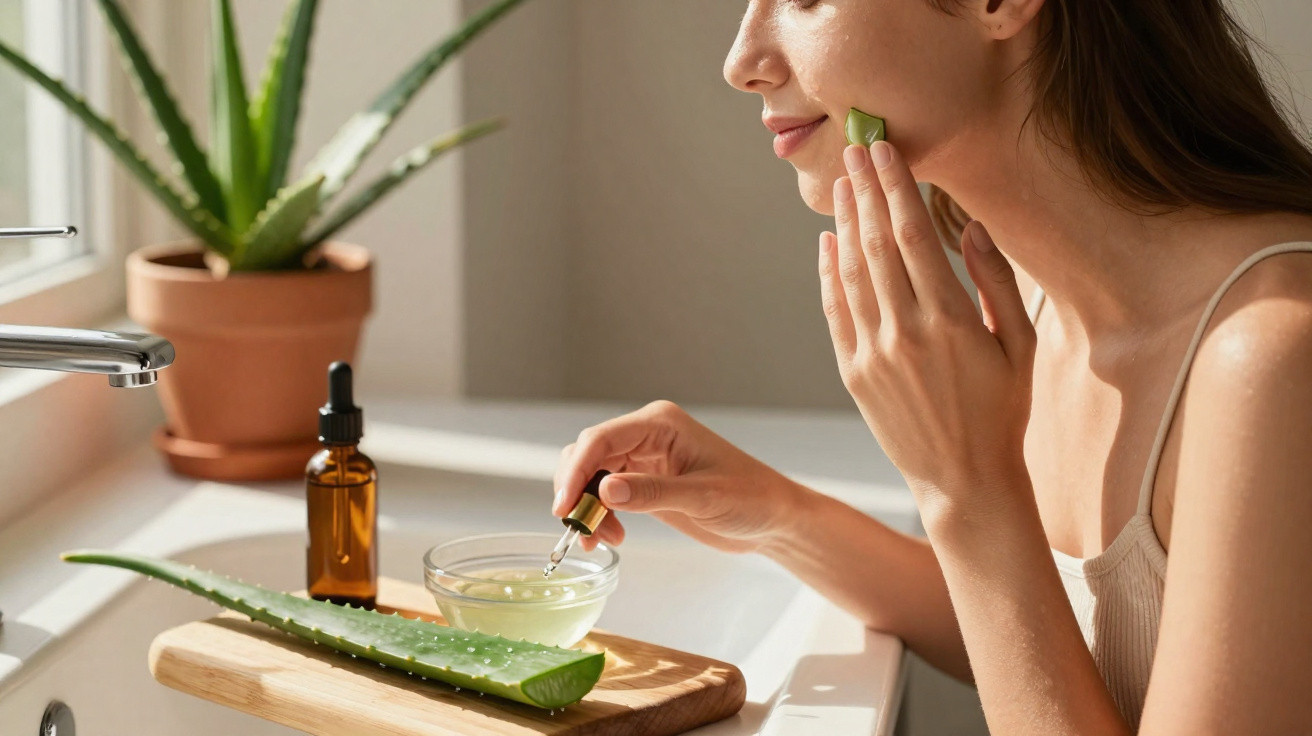 Mulher a aplicar gel de aloe vera no rosto em casa, com planta de aloe vera no fundo.