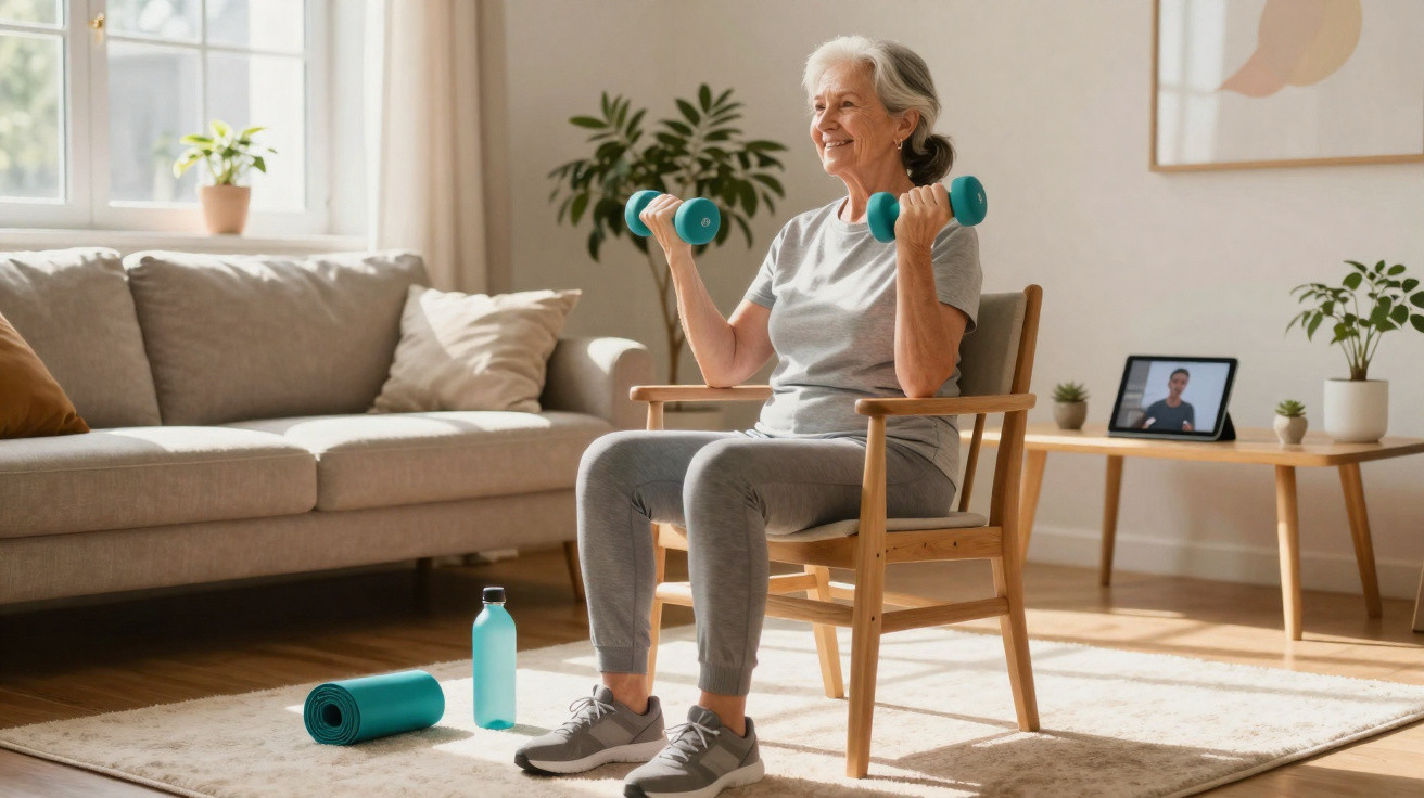 Idosa a fazer exercícios com halteres sentada numa cadeira na sala, seguindo treino online num tablet.