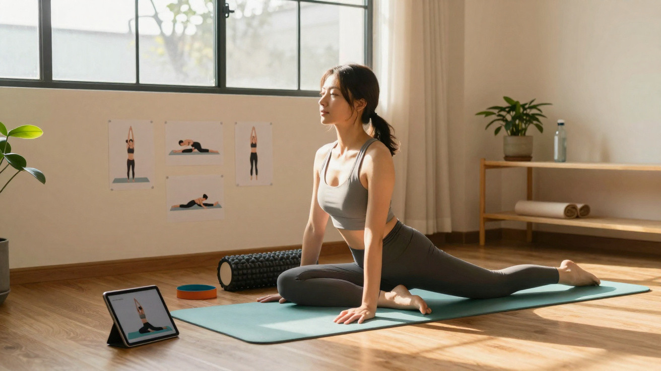 Mulher a fazer alongamentos de yoga com tutoria online em tapete numa sala iluminada.