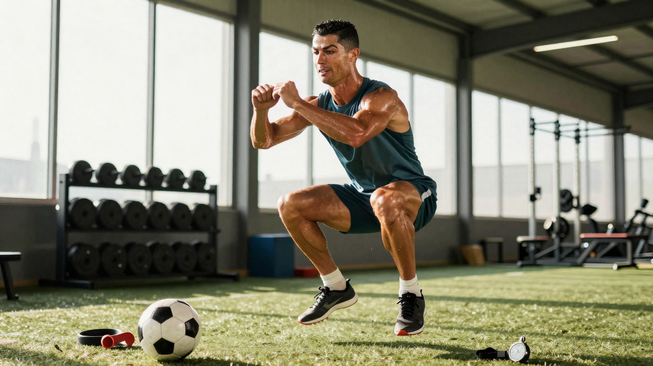 Homem a saltar durante treino funcional num ginásio com bola de futebol e pesos ao redor.