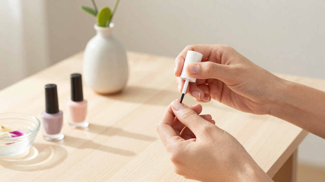 Pessoa a aplicar verniz transparente nas unhas das mãos numa mesa com objetos de manicure.