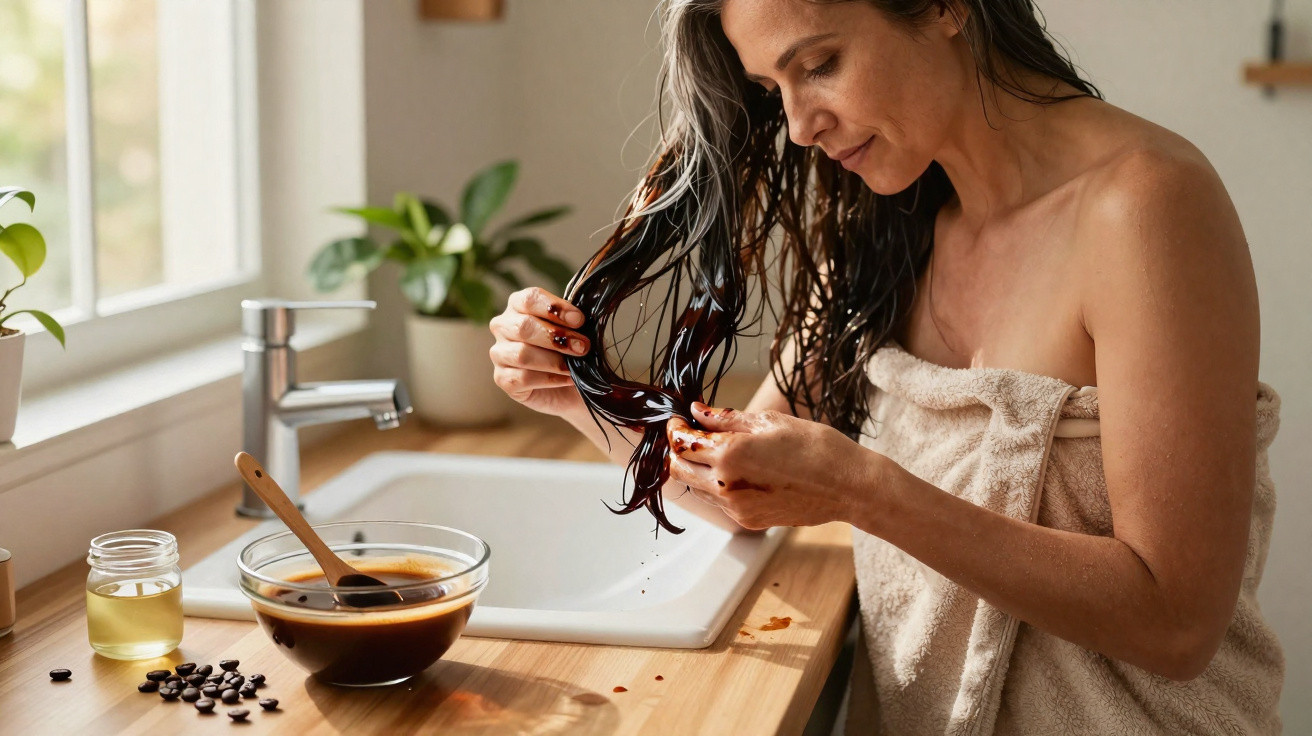 Mulher com cabelo molhado aplica máscara caseira no cabelo na cozinha, usando toalha branca.
