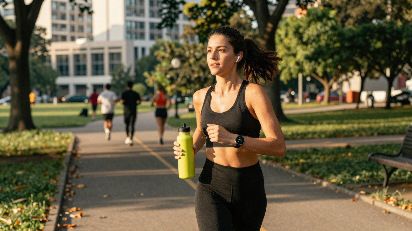 Mulher a correr num parque urbano com roupa desportiva e garrafa amarela ao fim da tarde.