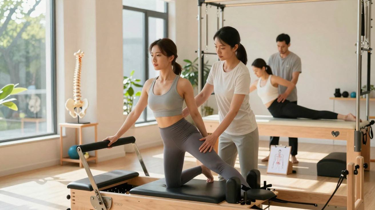 Duas mulheres e um homem a praticar Pilates com instrutores num estúdio luminoso e espaçoso.