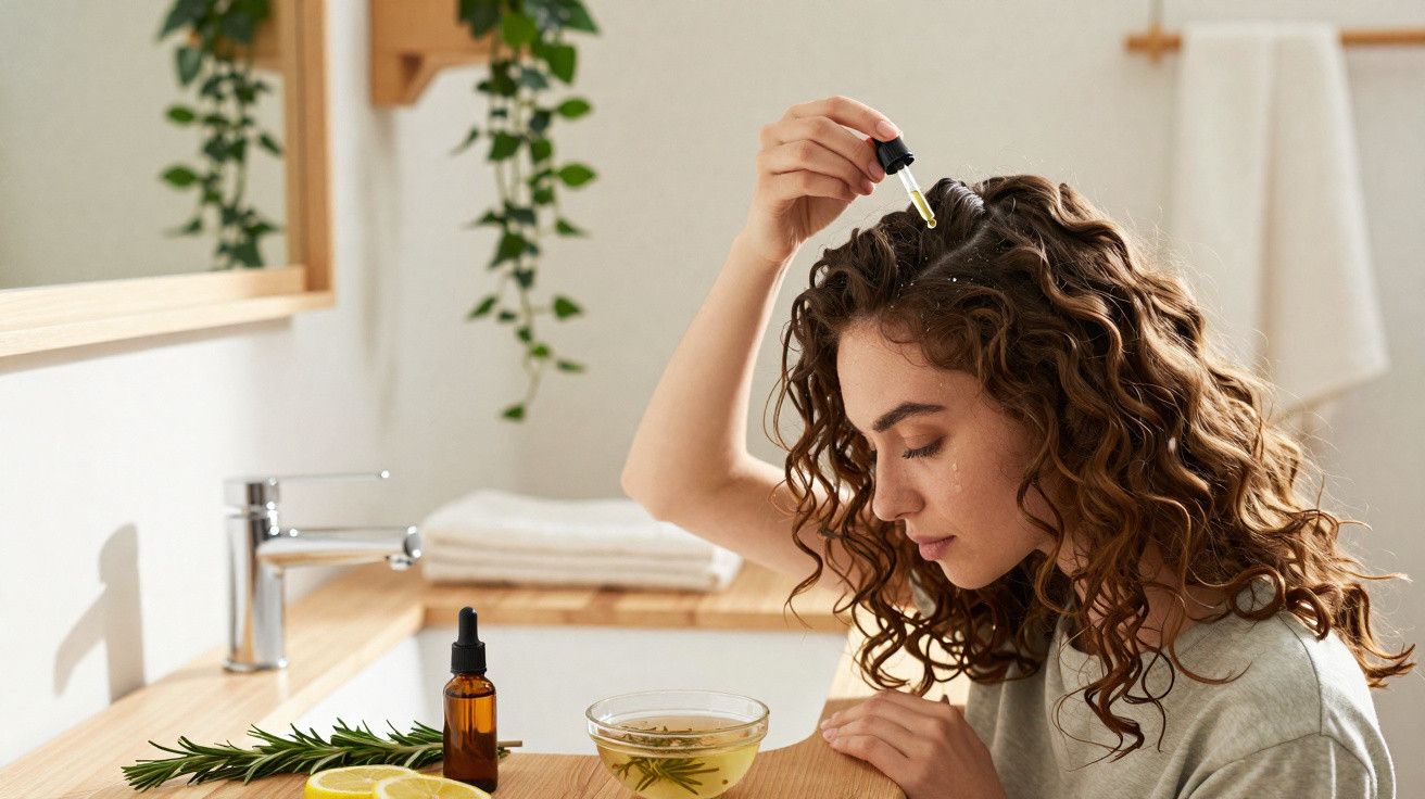 Mulher a aplicar óleo capilar nas raízes do cabelo num ambiente de casa de banho com itens naturais na mesa.