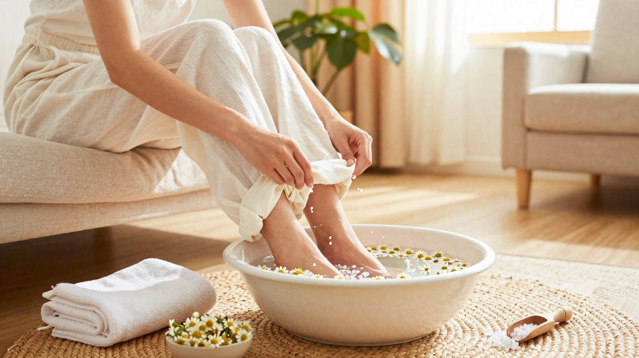 Pessoa sentada numa sala a fazer banho de pés com flores e sais de banho numa bacia branca.