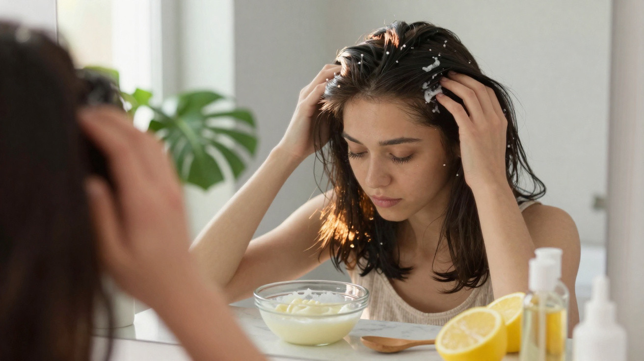Mulher aplica máscara capilar caseira com ingredientes naturais à frente de um espelho.
