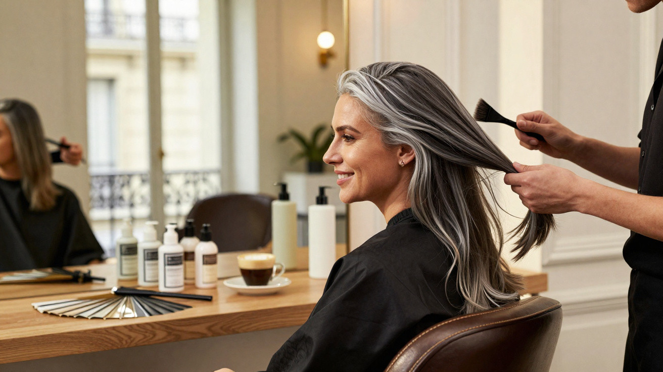 Mulher sorridente com cabelo grisalho sendo penteada num salão de cabeleireiro moderno.