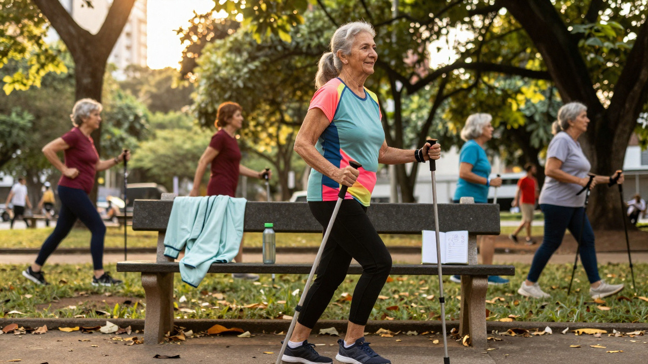 Grupo de senhoras a praticar caminhada com bastões num parque urbano ao fim da tarde.