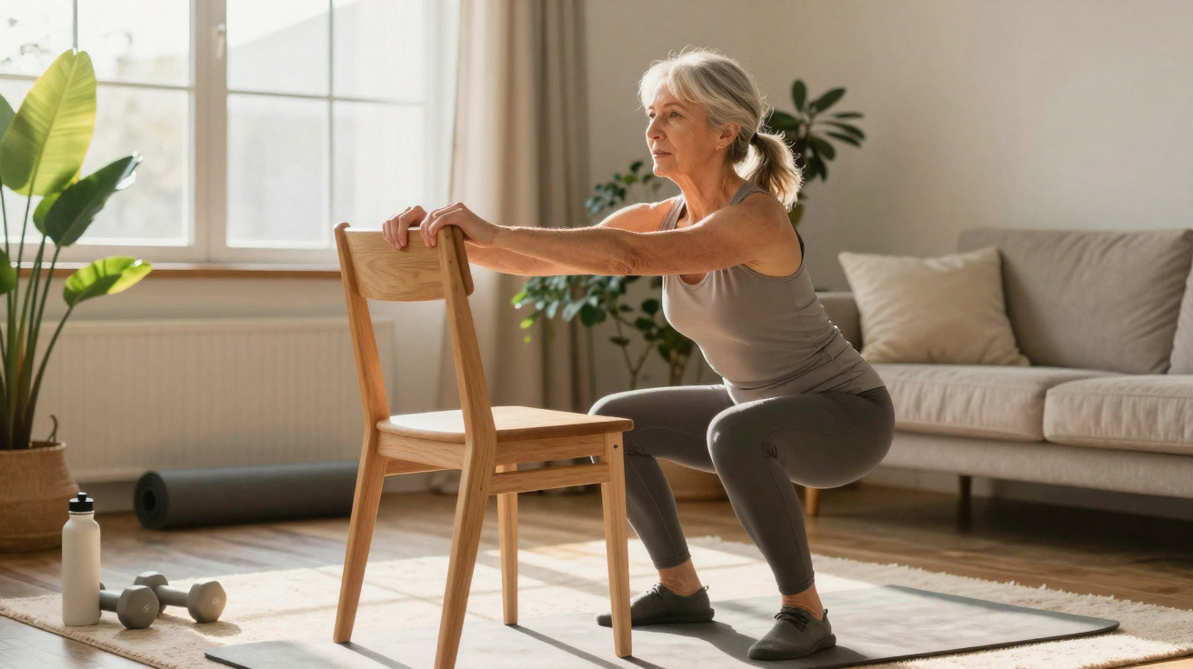 Mulher idosa a fazer exercício em casa, usando uma cadeira para apoio, num ambiente luminoso e acolhedor.