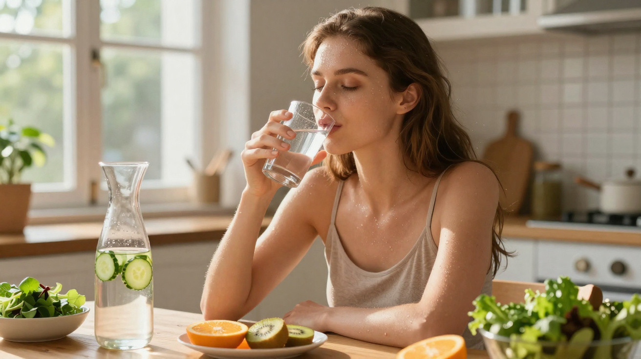 Mulher a beber água num copo, sentada à mesa com frutas e saladas num ambiente de cozinha iluminado.