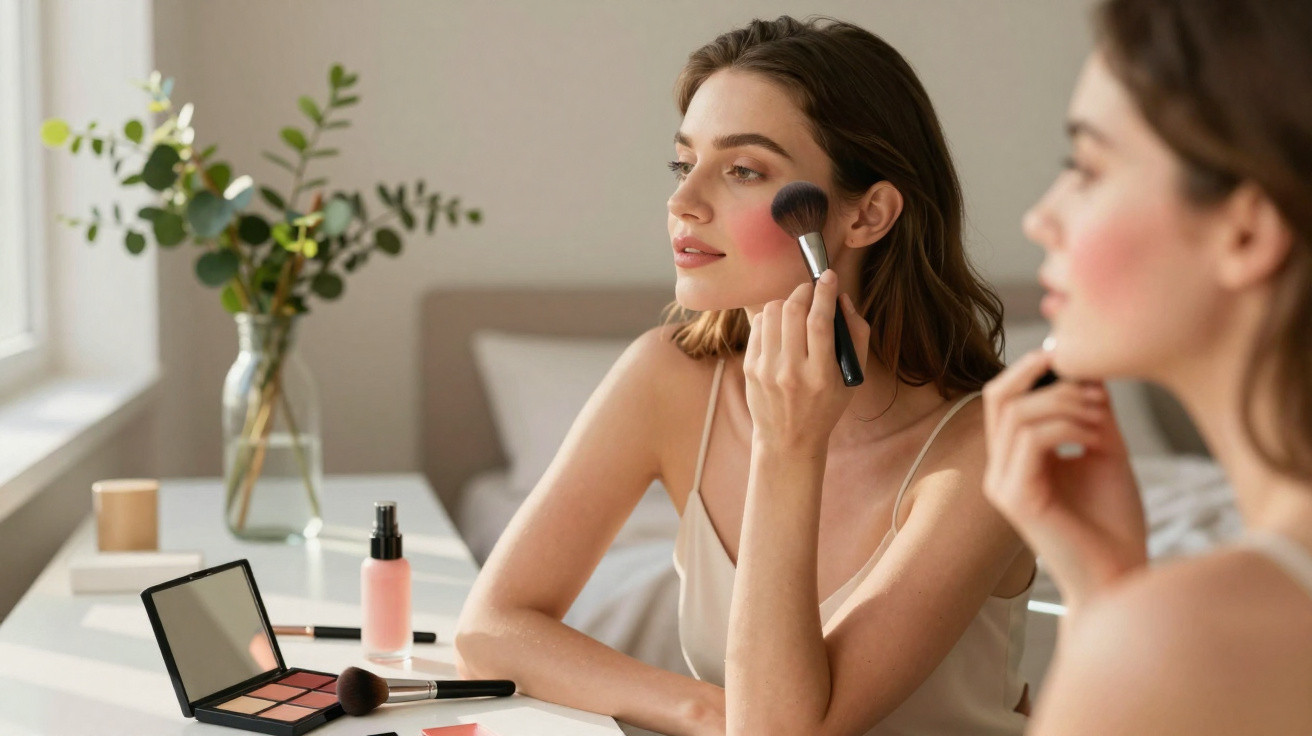 Mulher a aplicar blush com pincel perante um espelho numa mesa com produtos de maquilhagem.