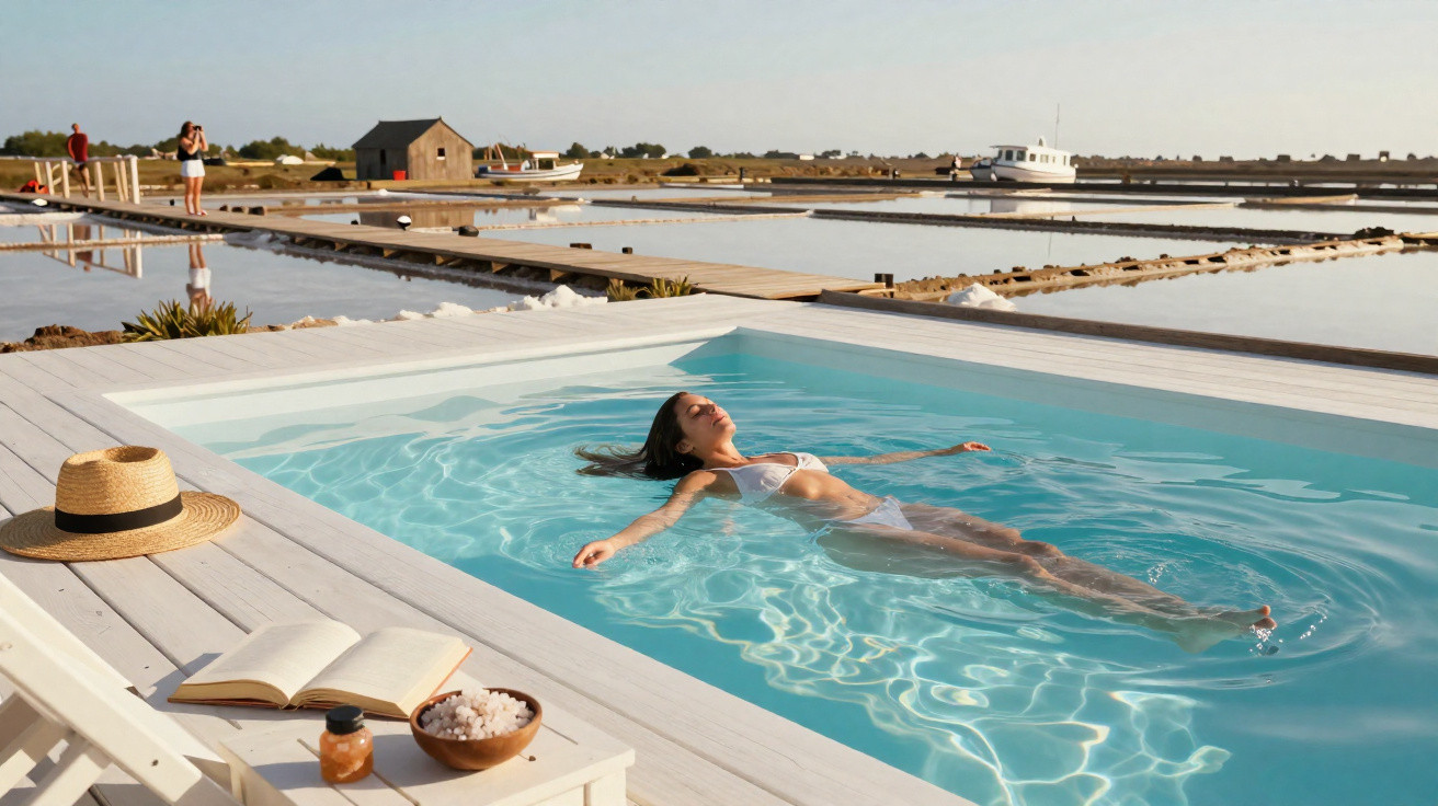 Mulher de biquíni branco relaxa a flutuar numa piscina junto a salinas e cais de madeira ao pôr do sol.