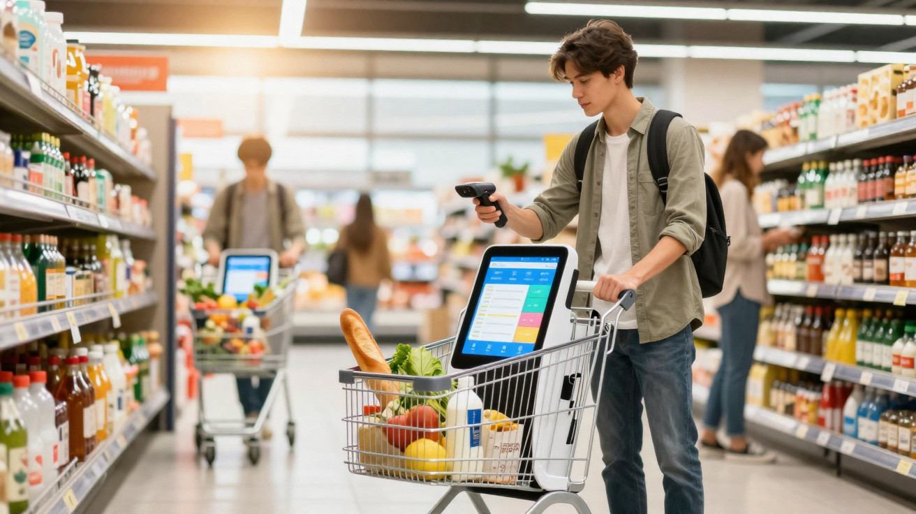 Jovem a utilizar leitor de código de barras num carrinho de compras digital num supermercado moderno.