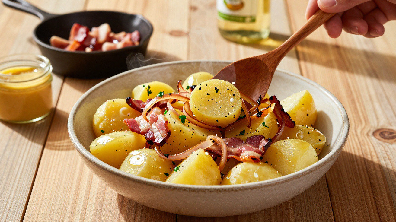 Tigela com batatas temperadas, cebola roxa, bacon e salsa, com molho de mostarda e tavela de madeira.