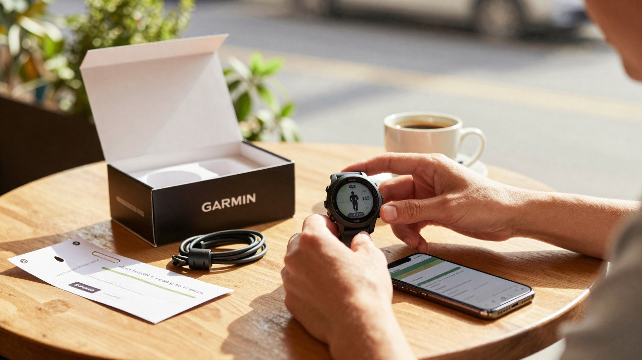 Pessoa a usar relógio Garmin com acessórios e smartphone numa mesa de madeira, ao ar livre.