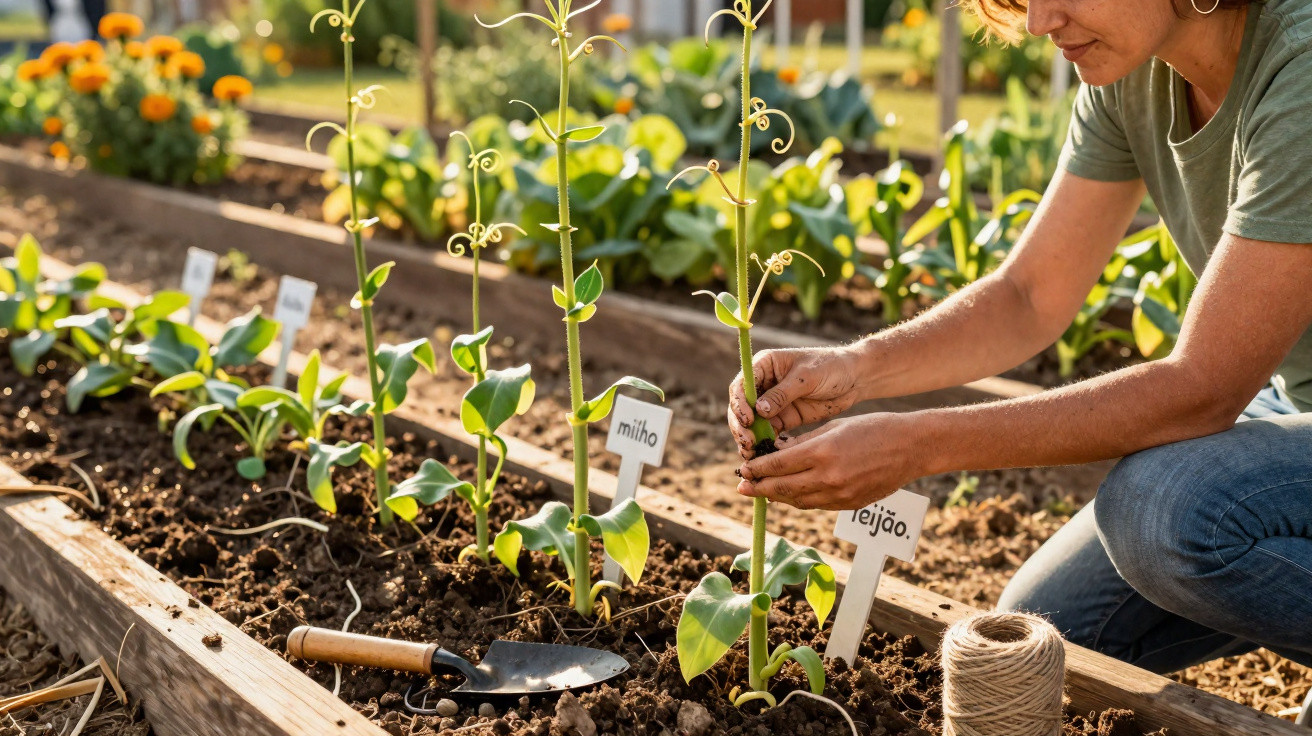 Pessoa a cuidar de plantas num jardim com estacas e placa a indicar milho e feijão em canteiro de madeira.