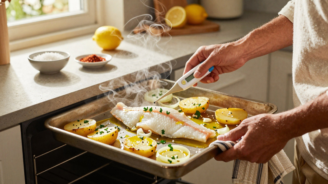Pessoa a verificar a temperatura de peixe e batatas no tabuleiro quente, com vapor a sair, numa cozinha iluminada.