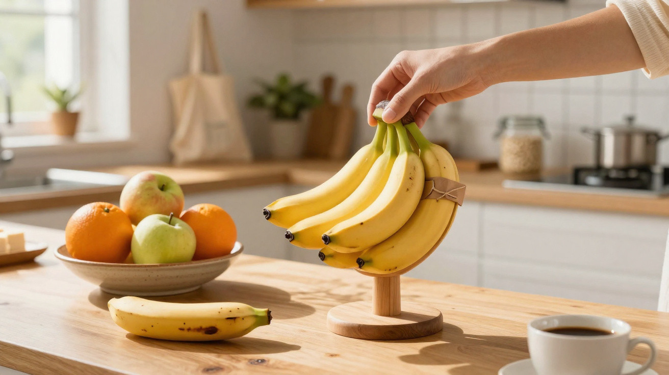 Mão a segurar cachos de bananas apoiados em suporte de madeira numa cozinha com frutas e café na bancada.