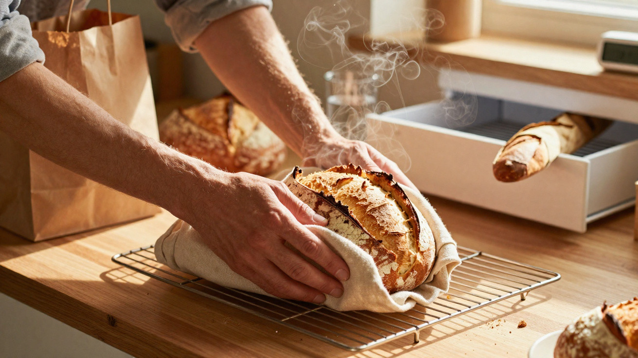 Pessoa a pegar pão acabado de cozer, ainda a libertar vapor, numa cozinha com luz natural.