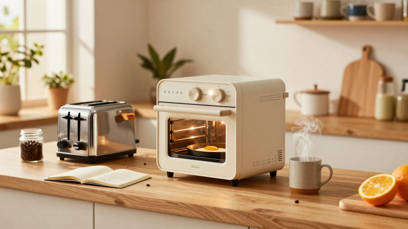 Forno elétrico branco a cozinhar um ovo, torradeira, chávena com vapor e frutas numa bancada de cozinha.