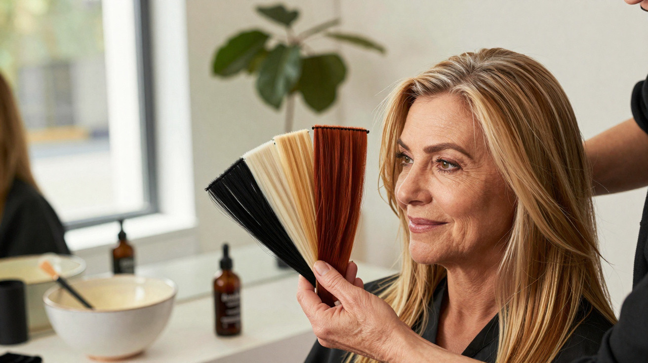 Mulher adulta sorridente a escolher cor de cabelo num salão de beleza com amostras de mechas.