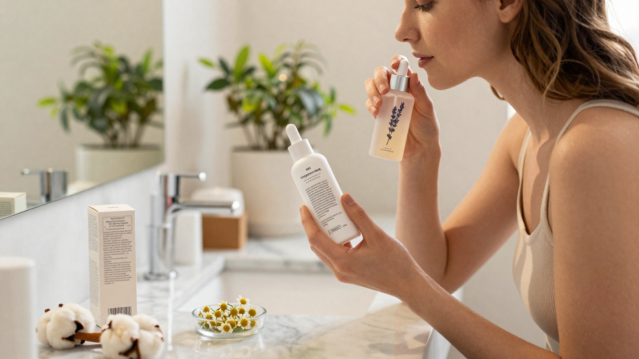 Mulher cheira frasco de sérum de lavanda segurando outro frasco branco junto a pia com plantas e flores.