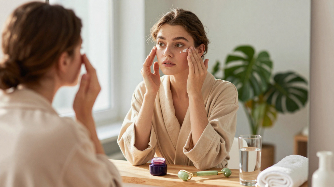 Mulher a aplicar creme facial junto ao espelho numa rotina de cuidados de pele numa casa iluminada.