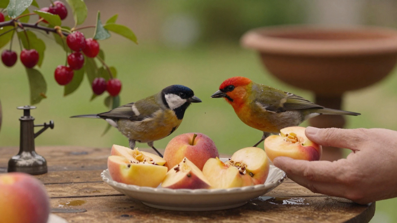 Dois pássaros pousados numa mesa com fruta cortada, uma mão segura um pedaço de pêssego.