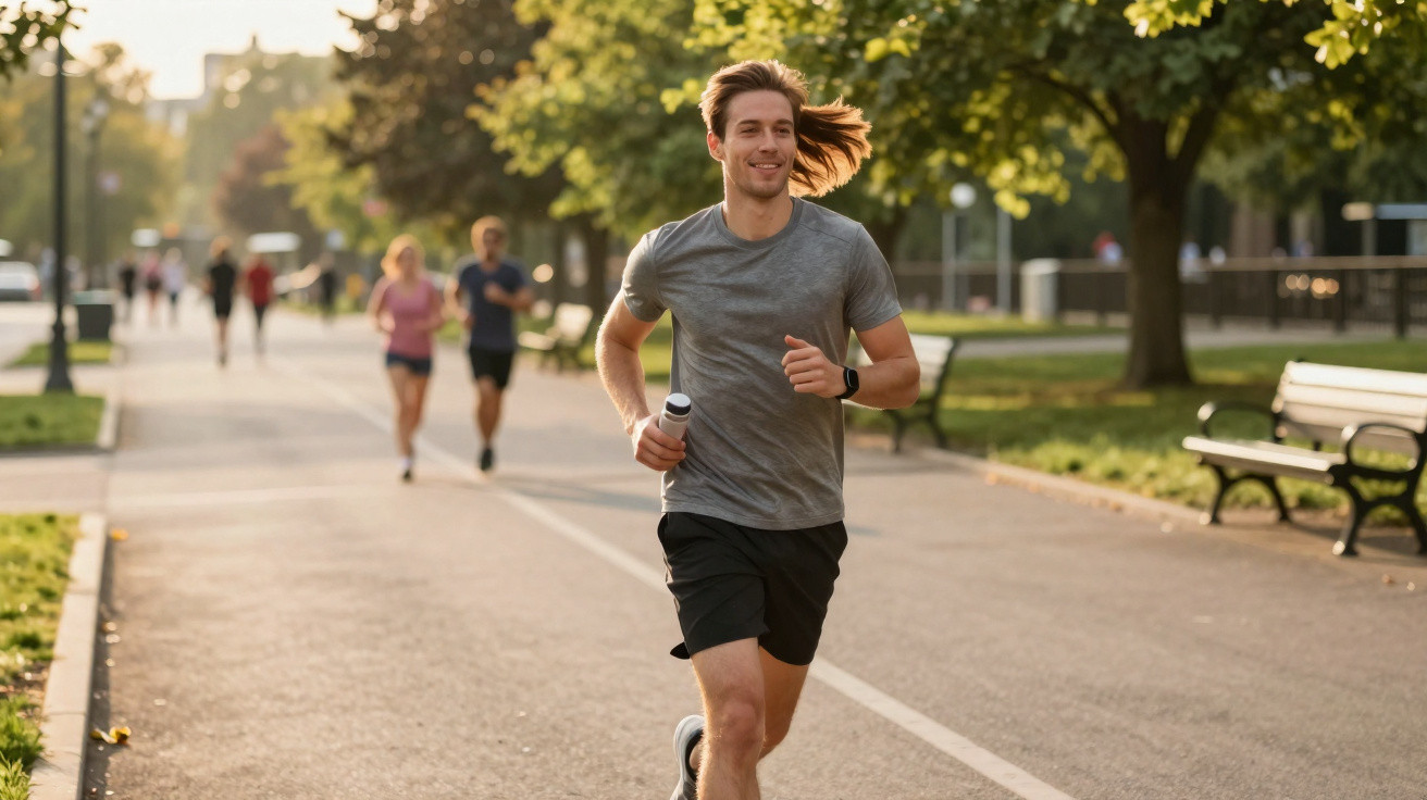 Homem a correr num parque com outras pessoas a fazer exercício ao fundo, numa tarde soalheira.