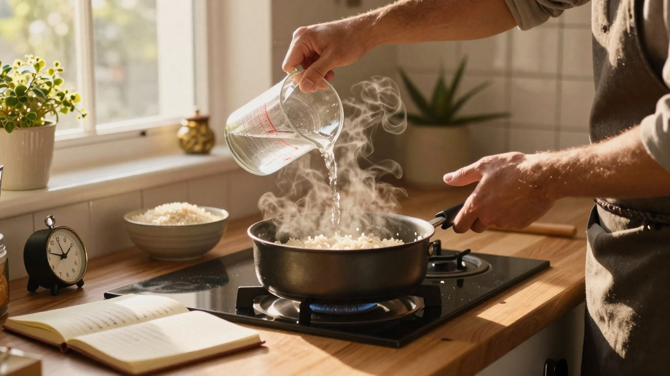Pessoa a verter água quente para uma frigideira com arroz a cozinhar numa cozinha iluminada pelo sol.
