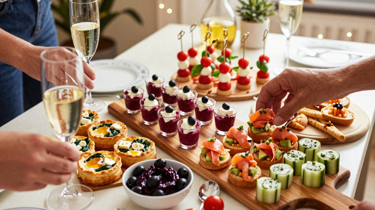 Mesa com aperitivos variados e taças de champanhe em ambiente descontraído.