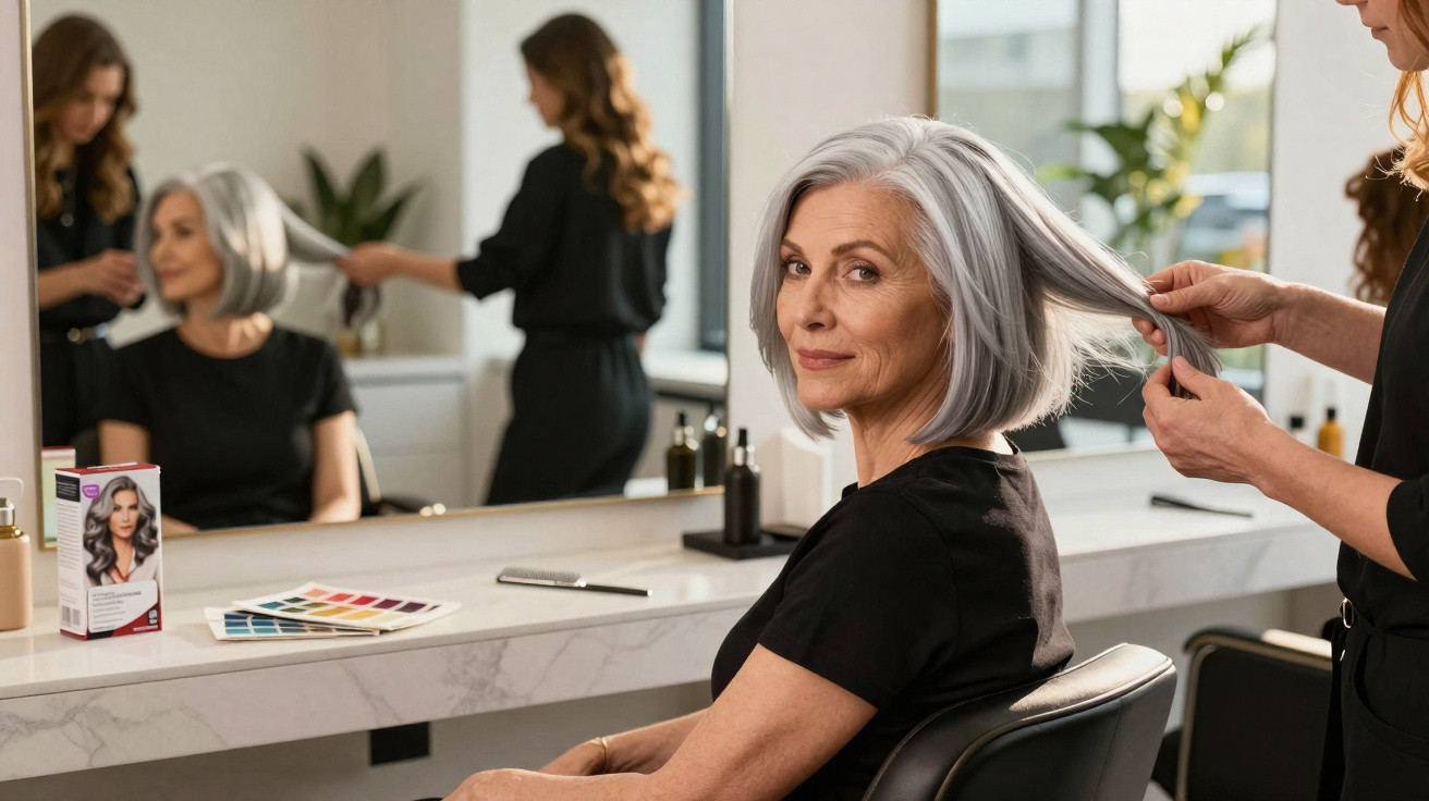 Mulher idosa com cabelo grisalho a ser penteada num salão de beleza, sentada numa cadeira à frente de um espelho.