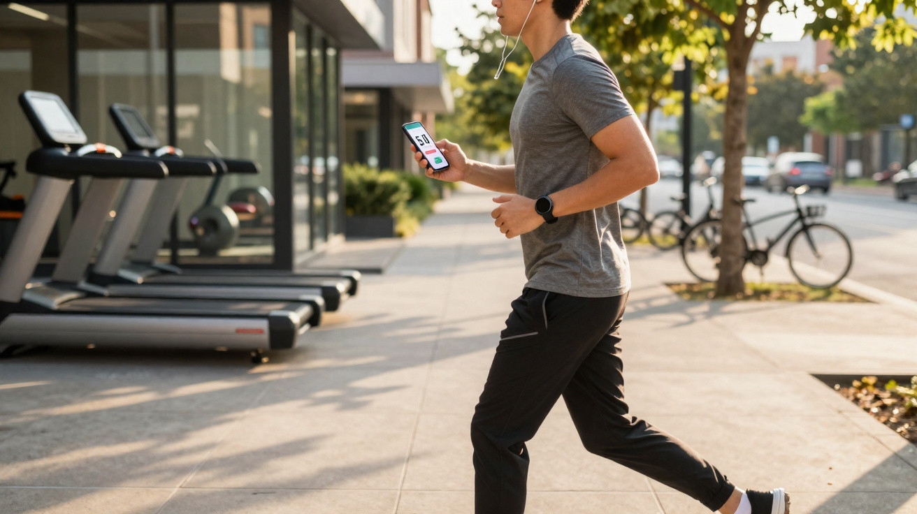 Homem a correr ao ar livre com auriculares, relógio e telemóvel na mão, numa calçada urbana ao lado de passadeiras.