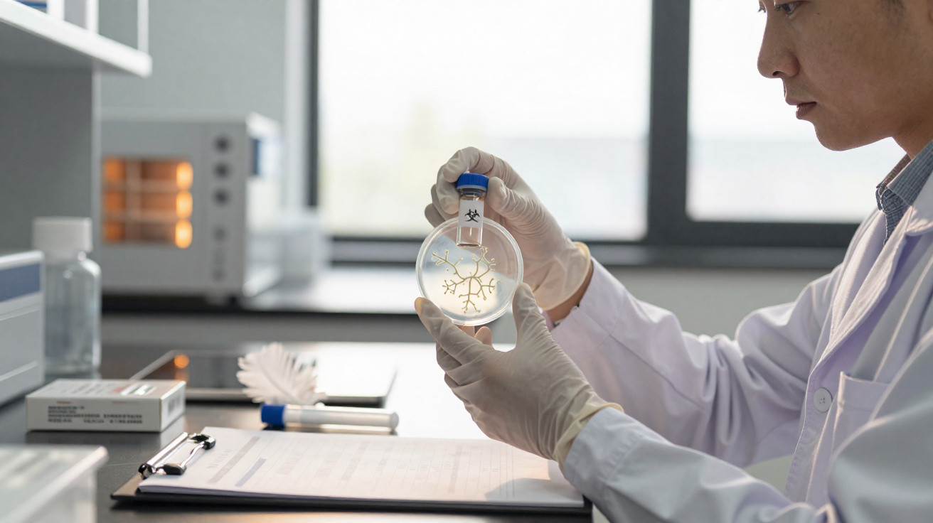 Cientista numa sala de laboratório a examinar uma placa de petri com desenho branco, usando luvas e bata branca.