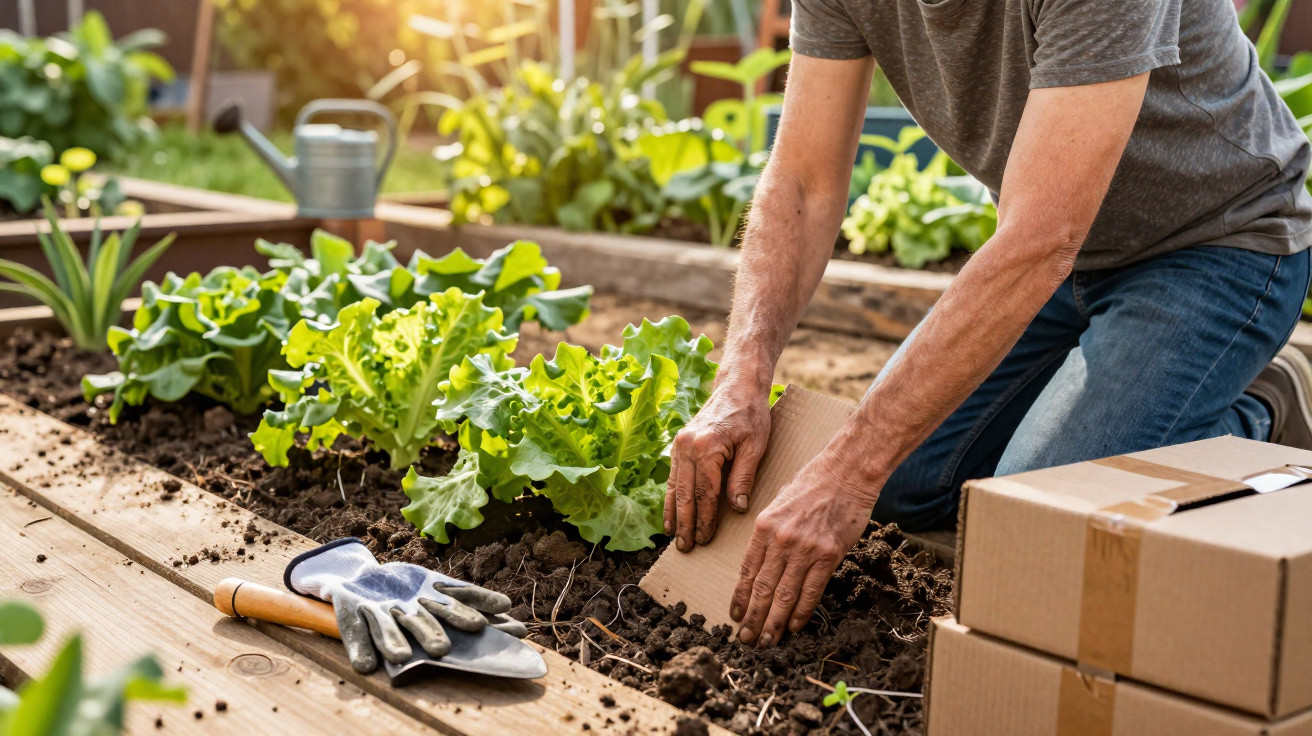 Homem a plantar vegetais numa horta, com caixa de cartão, luvas de jardinagem e regador ao fundo.